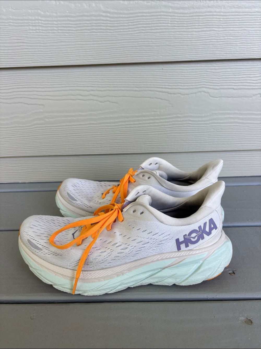 Hoka Women’s Clifton 8 Blanc De Blanc Purple Seafoam White Tennis Shoes Size 7